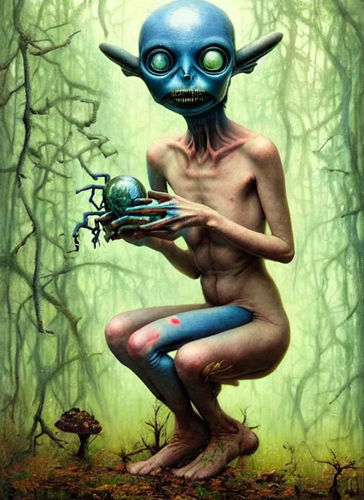 Image similar to cute alien in the woods by a river gorgeous lighting, lush forest foliage blue sky a hyper realistic painting by chiara bautista and beksinski and norman rockwell and greg rutkowski, tom bagshaw weta studio, and lucasfilm