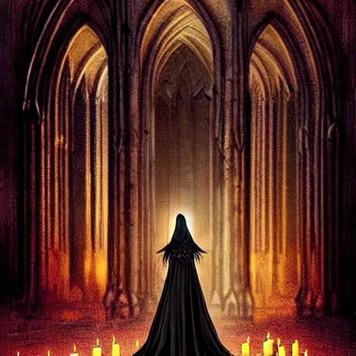 Image similar to a beautiful gothic girl inside a dark gothic cathedral illuminated by candles, impressive scene. grainy and rough. soft colour scheme. beautiful artistic detailed digital art