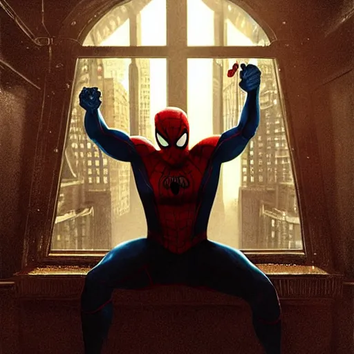 Image similar to ryan reynolds as a black and blue suit spider - man, cinematic, volumetric lighting, f 8 aperture, cinematic eastman 5 3 8 4 film, photorealistic by greg rutkowski, by stanley artgerm, by alphonse mucha