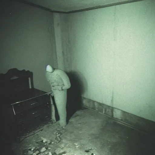 Prompt: Photograph of an abandoned 1940s bedroom in Silent Hill, creepy monster from Ringu, dark, no lights, moist, taken using a film camera with 35mm expired film, bright camera flash enabled, award winning photograph, creepy, liminal space