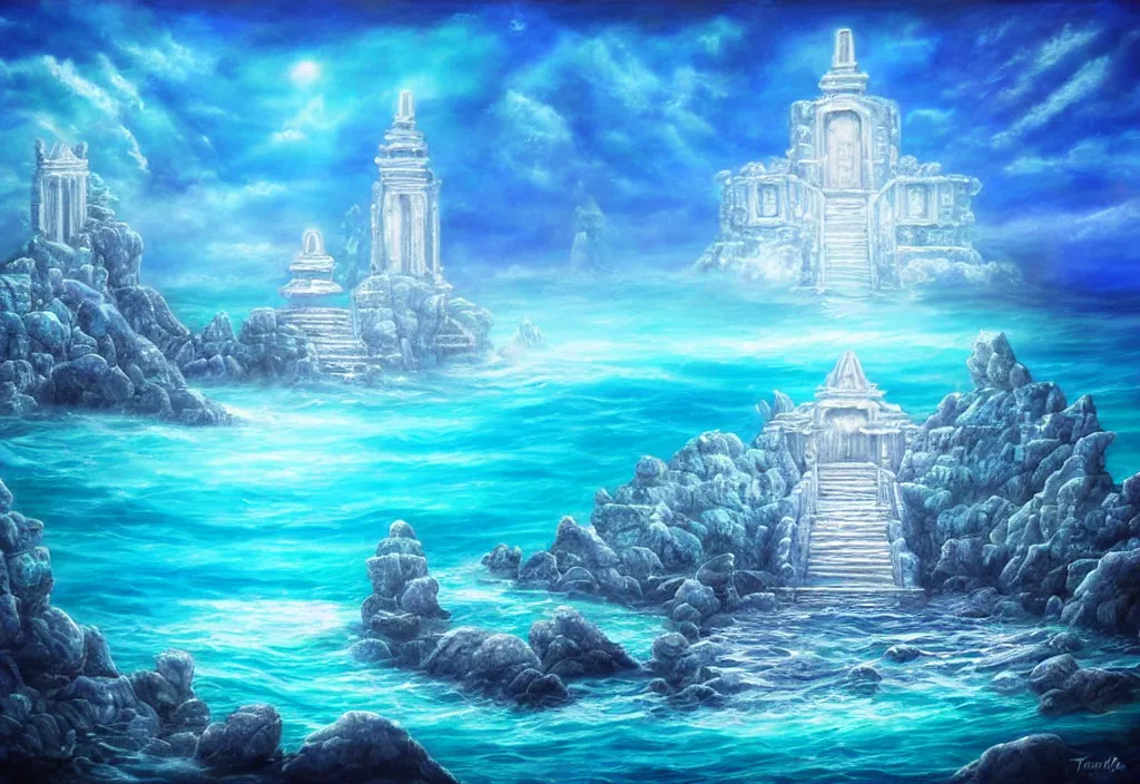 Image similar to ocean temple made out of crystalline blue stone, fantasy, mystical, ocean, 3 d, painting, ocean, water