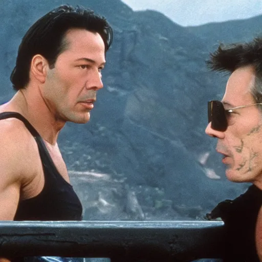 Image similar to keanu reeves fighting bruce willis and jean claude van damme on top of a bridge