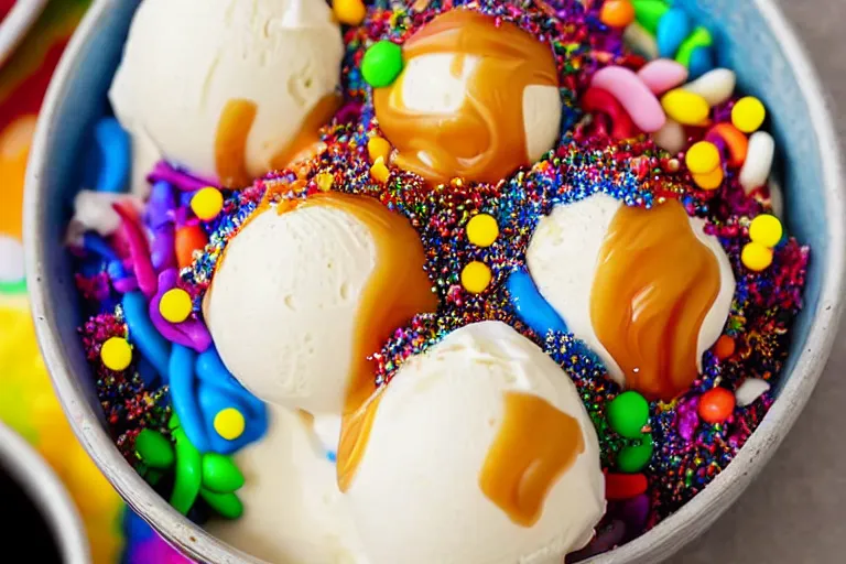 Image similar to closeup of a bowl with three balls of vanilla ice cream covered with caramel sauce and colorful sprinkles. Highly detailed.