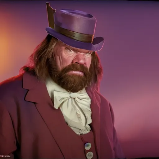 Image similar to portrait of hacksaw jim duggan as willy wonka in morrowind, fantasy, warcraft, warhammer, splash art, movie still, detailed face, photorealistic facial features, cinematic lighting, dramatic, octane render, long lens, shallow depth of field, bokeh, anamorphic lens flare, 8 k, hyper detailed, 3 5 mm film grain