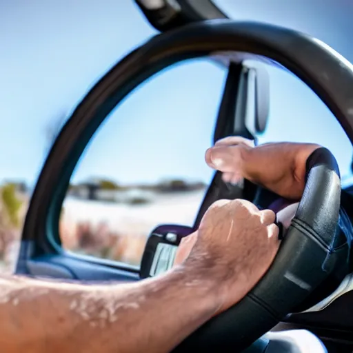 Prompt: muscular arm grabbing a steering wheel at the top, first person pov, detailed,