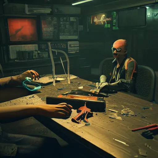Prompt: ripper doc surgery table corpses underground shady. low light. Cyberpunk 2077. CP2077. 3840 x 2160