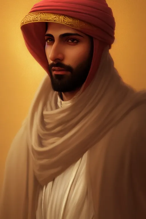 Prompt: a portrait of a arabian male prince, illustration, soft lighting, soft details, painting oil on canvas by Edmund Blair Leighton and Charlie Bowater octane render trending on artstation d&d characters, 4k, 8k, HD