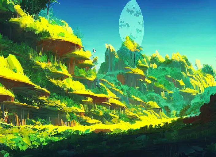 Prompt: concept art of a landscape made of bananas, cel shaded, in the style of makoto shinkai and moebius and peter mohrbacher and anton fadeev