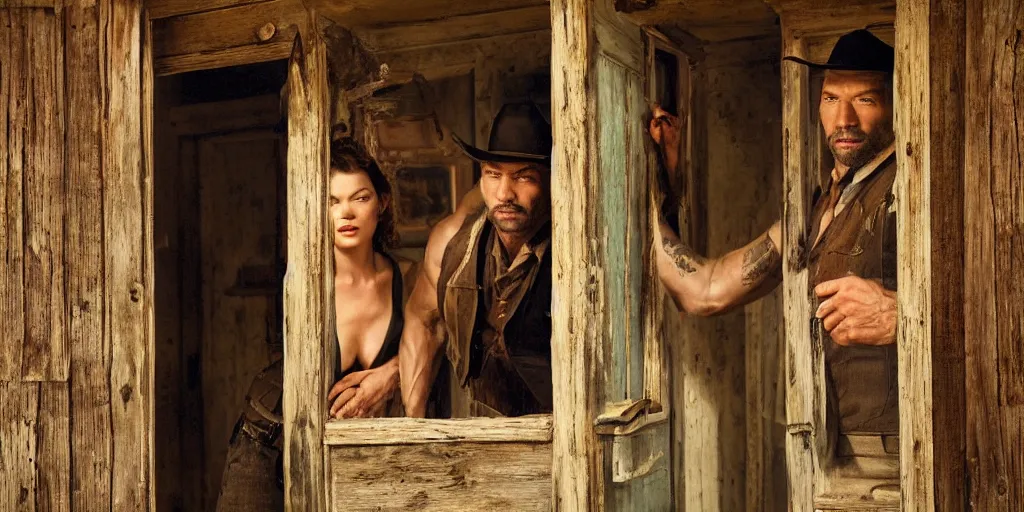 Prompt: in an old west cabin, close up portrait of beautiful Mila Jovovich (alone) in the doorway and Dave Bautista cowboy standing ((alone)) at the window, arguing, symmetrical, in the style of Fredrick Remington, oil painting, cinematic