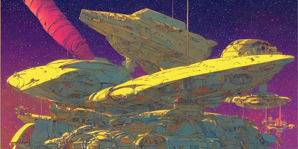 Image similar to colourful illustration of a space junkyard. futuristic high tech wrecked spaceship. thousands of stars in the background. art by moebius. science fiction art. detailed digital painting.