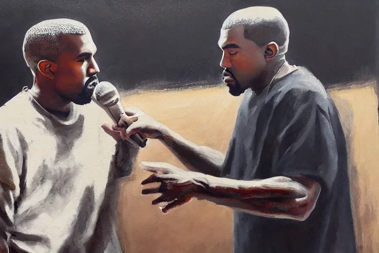 Image similar to Kanye West explaining something to Walt disney, oil painting by wilson mclean, sharp focus, a masterpiece, highly detailed