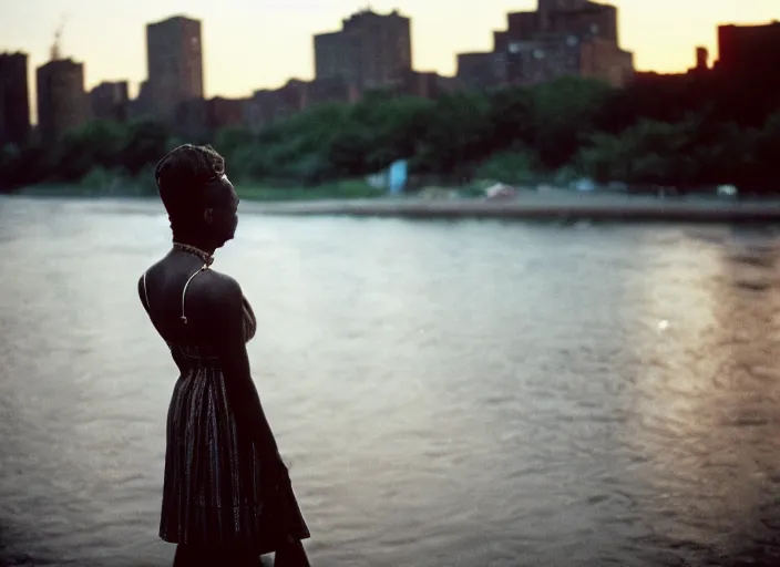 Prompt: a 35mm photograph from the back of a woman standing at the edge of a river in Harlem, New York City in the 1960's at sunset, bokeh, Canon 50mm, cinematic lighting, photography, retro, film, Kodachrome, award-winning, rule of thirds, golden hour