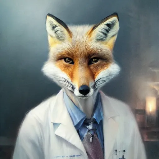 Image similar to fox foxman wearing a doctor outfit by ruan jia, portrait