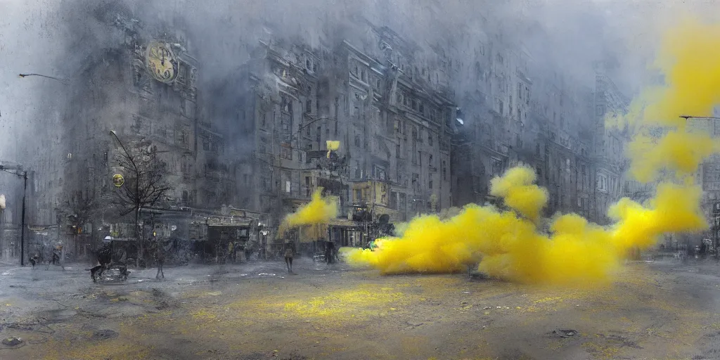 Image similar to kiev city streets covered in yellow and blue smoke, by jeremy mann, by kim keever