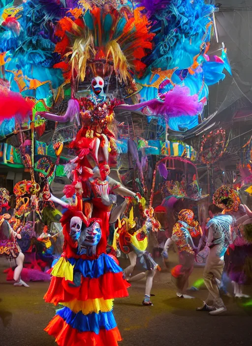 Prompt: professional photography, octane render, beautiful aesthetic whimsical horror, carnival, fools and jesters performing at a carnival, high-resolution, extreme detail, beautiful colorful lights