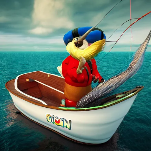 Prompt: gizmo goes deep sea fishing in a sportfisherman boat. gizmo is fishing for swedish fish candy by using gummi worm candy as bait. photorealistic digital art, epic fantasy, dramatic lighting, cinematic, extremely high detail, cinematic lighting, trending, artstation, cgsociety, 3 d ue 5, 4 k, hq