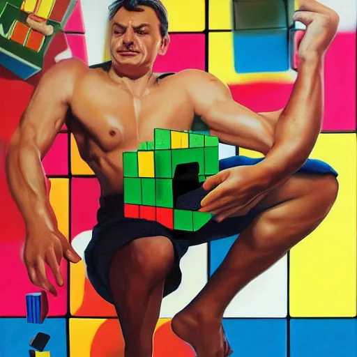 Image similar to portrait of viktor orban in training shorts confused by a rubik's cube, highly detailed illustration by boris vallejo