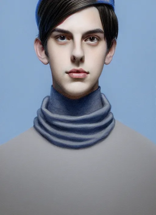 Image similar to portrait of teenage jughead jones wearing a light grey crown, crown, blue turtleneck, closed eyes, photorealistic, black hair, glowing lighting, intricate, elegant, glowing lights, highly detailed, digital painting, artstation, concept art, smooth, sharp focus, illustration, art by wlop, mars ravelo and greg rutkowski