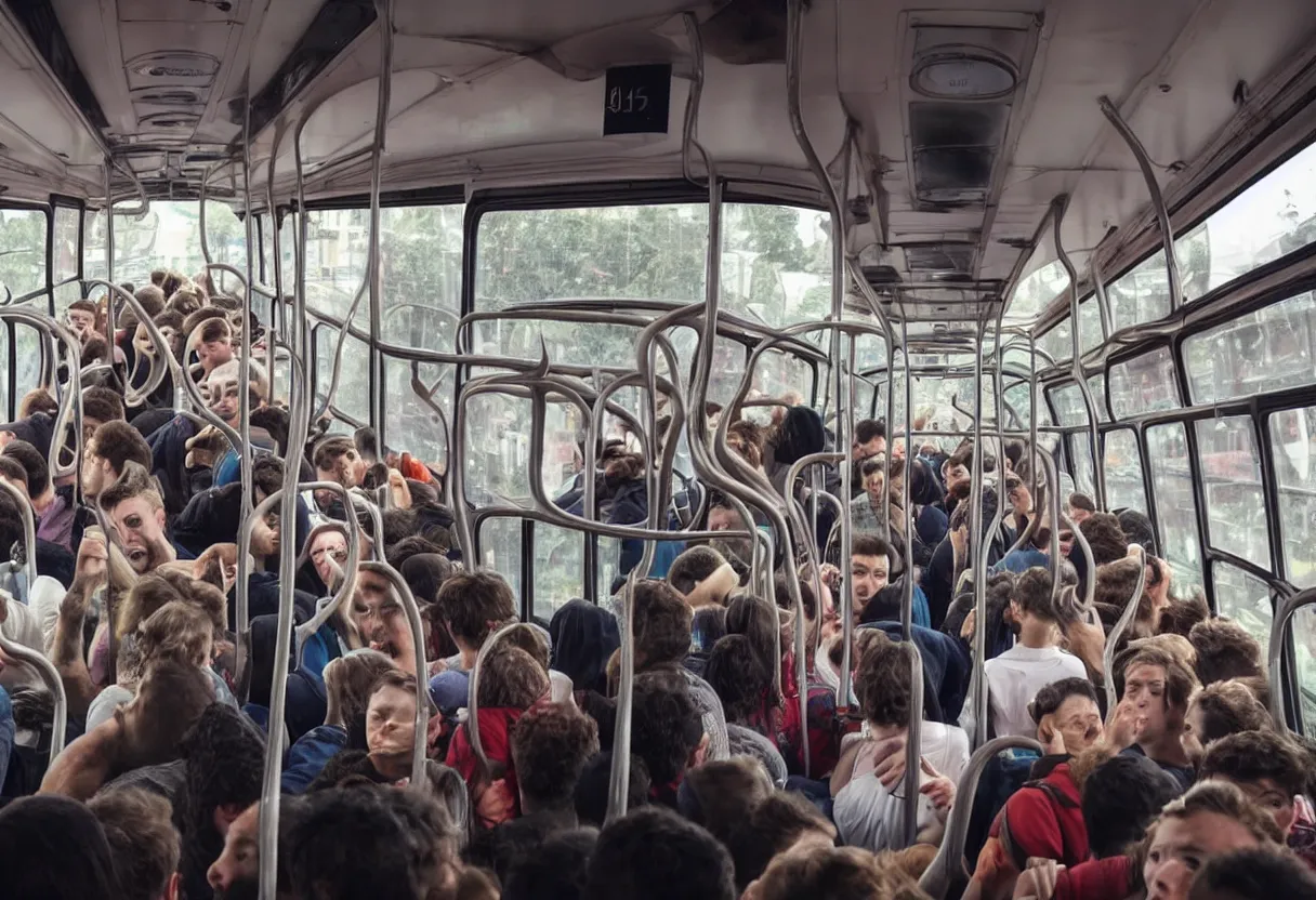 Prompt: a wide photo of a interior of a crowded bus with a huge octopus trying to get in, octopus beak can be seen, arms creeping in thrugh the windows, people are scared and screaming while trying to free through the windows and doors,