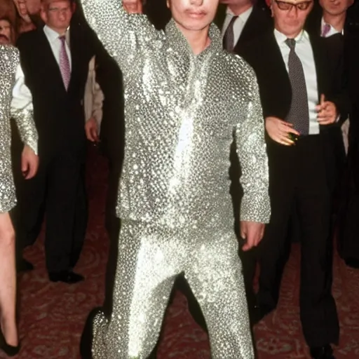 Image similar to Putin wearing a disco suit in Saturday Night Fever