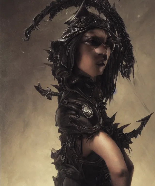 Image similar to the portrait of ( ( ( ( ( akali from league of legends ) ) ) ) ) in black wax crown by roberto ferri, dark fantasy, witcher, very detailed oil painting, masterpiece, 8 k