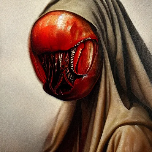 Image similar to a realistic painting by Raffaello Sanzi depicting the Bloody Mary with the head of the symbiotic Xenomorph in the Renaissance era ,smooth,Sharp focus, realism, trending on Artstation.