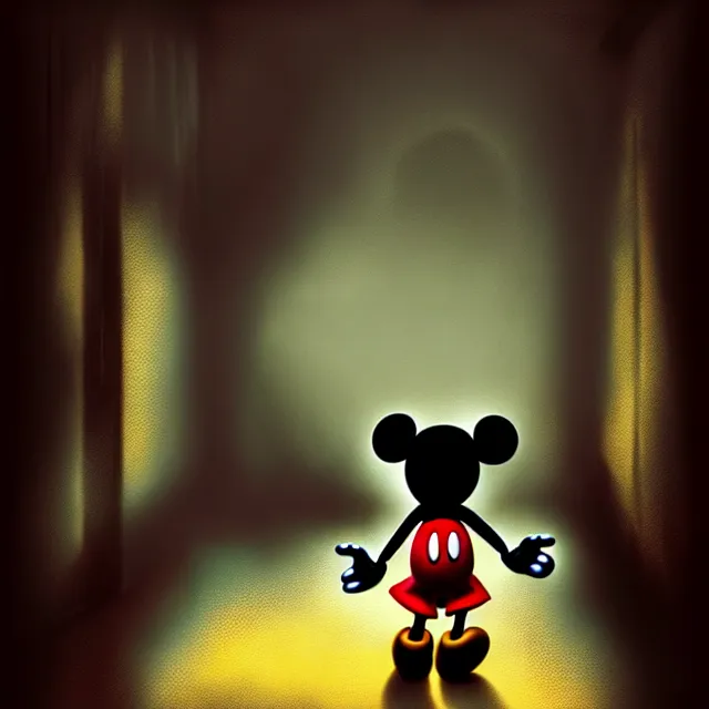 Prompt: Mickey Mouse in creepy Backrooms, best on artstation, cgsociety, ,epic, stunning, gorgeous, masterpiece photograph