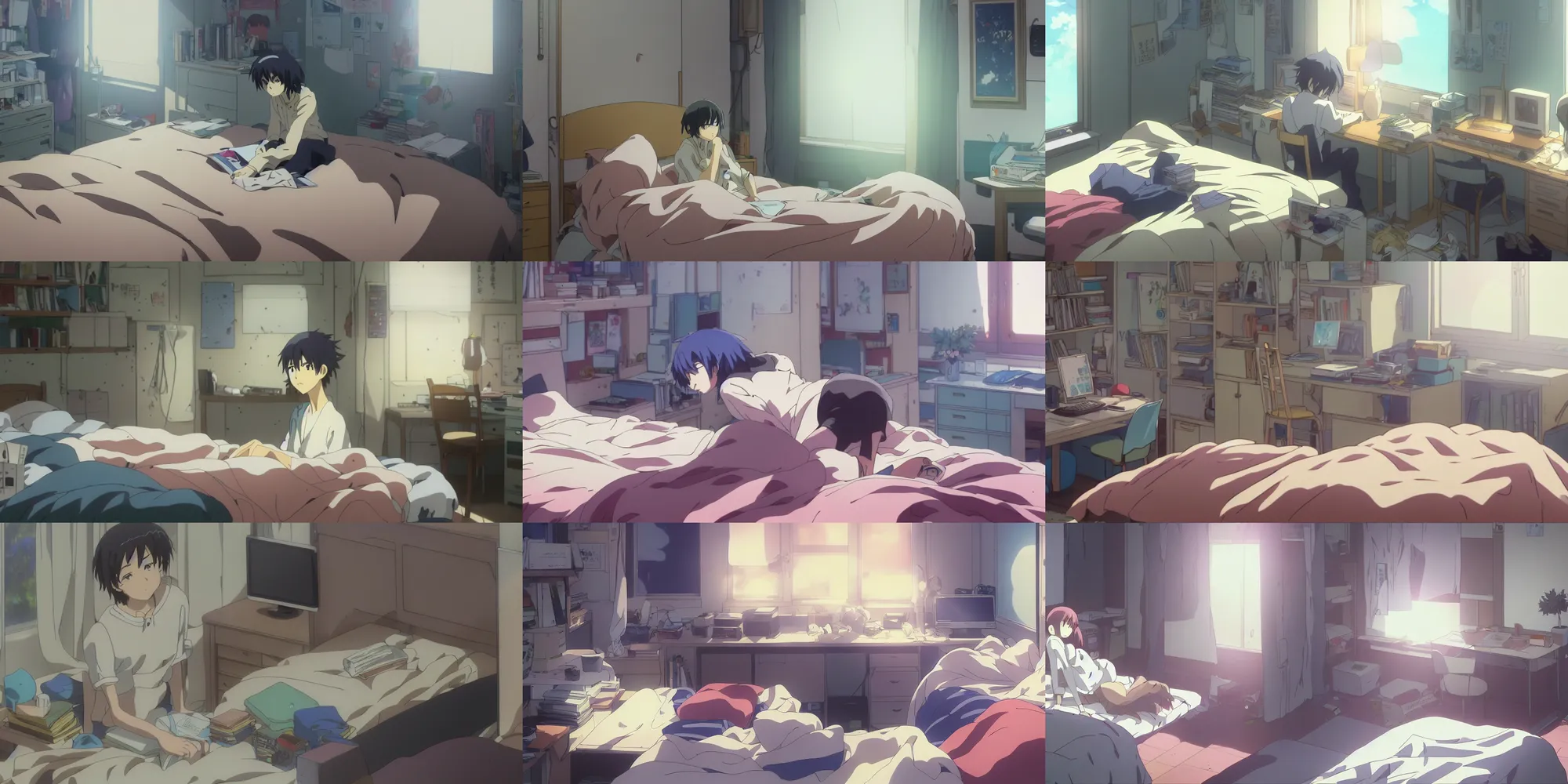 Prompt: an intimate close up of the detailed anime main character's bedroom in the anime film by makoto shinkai; a computer desk, (books), messy clothes, anime lover, posters, toys, screenshot from the makoto shinkai anime