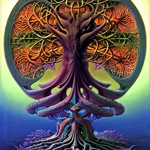 Image similar to divine chaos engine by roger dean and andrew ferez, tree of life, symbolist, visionary, art forms of nature by ernst haeckel, art nouveau botanical fractal structures, surreality, detailed, realistic,