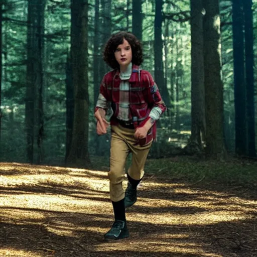 Image similar to Finn Wolfhard (Mike Wheeler) for Stranger Things holding a gun and running in a forest, dramatic lighting, cinematic, establishing shot, extremely high detail, photo realistic, cinematic lighting