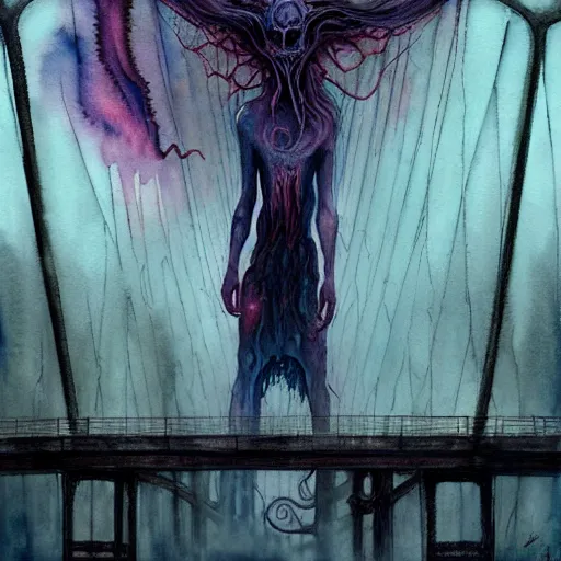 Image similar to watercolor horror spiritual dmt art in muted colors, disturbing grunge still of a lovecraftian demon infested guy on a bridge, by arthur adams, by tom bagshaw, by henry asencio, by kikuchi hideyuki