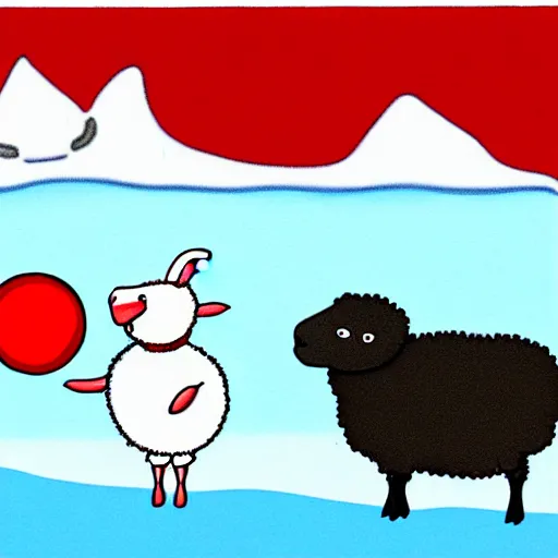 Prompt: cartoon drawing of a seal tossing a red ball with a white lamb in antarctica. the seal's head is sticking out above the water and the sheep is standing near the edge of ice