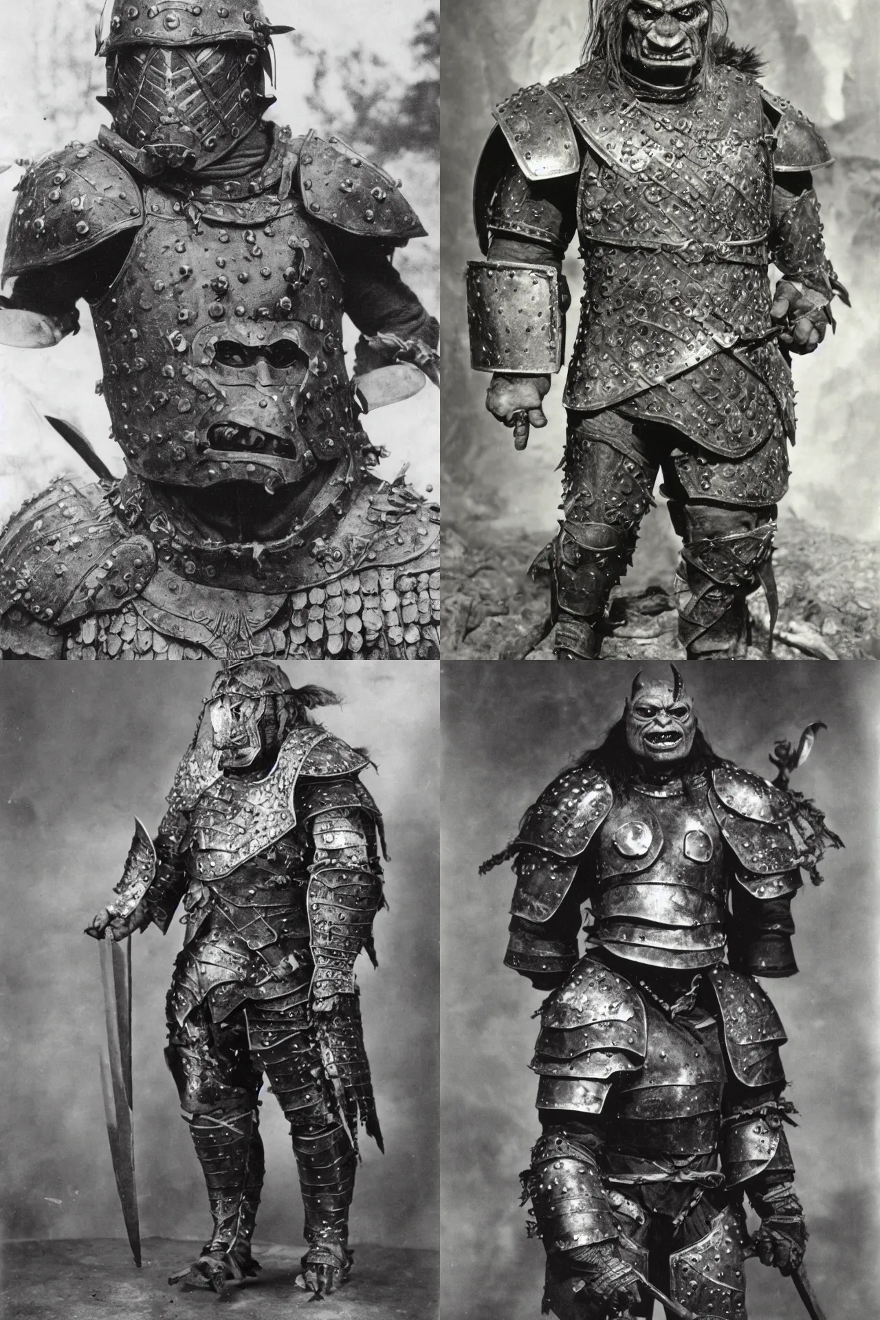 Prompt: vintage photograph of an orc in armor