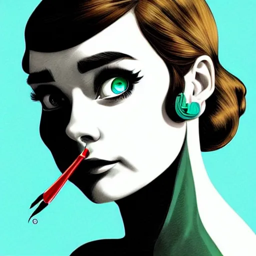 Image similar to in the style of joshua middleton, artgerm, beautiful audrey hepburn, aquapunk, bioshock, full body green dress, elegant pose, spooky, symmetrical face symmetrical eyes, three point lighting, detailed realistic eyes, insanely detailed and intricate elegant, underwater home