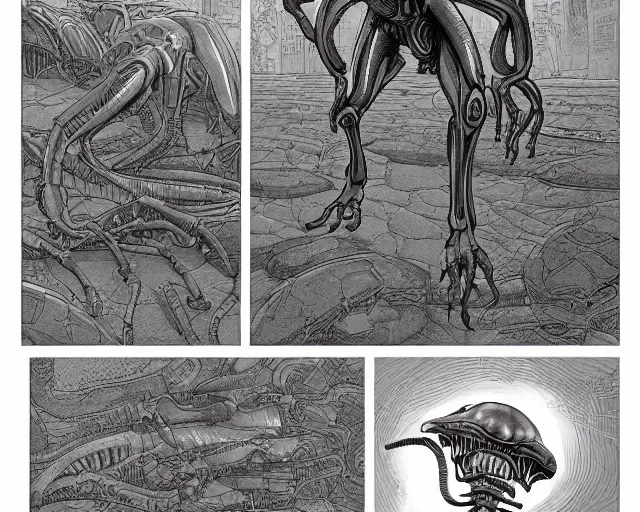 Image similar to a study of cell shaded cartoon of a xenomorph on a country road, street lamps, road, illustration, wide shot, subtle colors, post grunge, concept art by josan gonzales and wlop, by james jean, Victo ngai, David Rubín, Mike Mignola, Laurie Greasley, highly detailed, sharp focus, alien, Trending on Artstation, HQ, deviantart, art by artgem