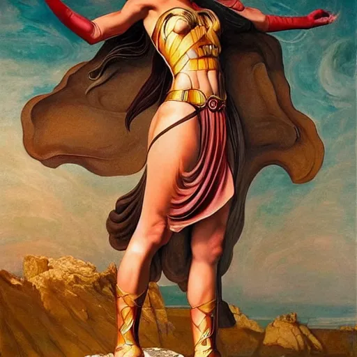 Image similar to Full body oil painting of the beautiful woman Gal Gadot, she is wearing some withe ancient greek cloths and a surreal ornate, her hair is natural disheveled, naturalism, dramatic lighting, high-detailed oil painting by Ilya Repin, Michelangelo da Caravaggio, William Blake, Alex Grey and Beksinski, trending on Artsatio, masterpiece, 4k, 8k,