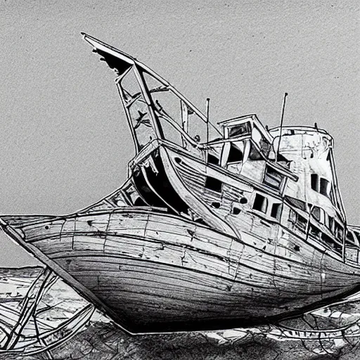 Image similar to ultra precise, asymmetric fineliner drawing of an abandoned ship in the aral sea desert, three colour ink marker pen on rainbow spattered glossy paper. bold lines, gallery quality, photorealistic, very detailed, 8 k