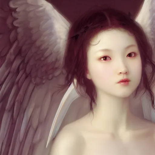 Image similar to Beautiful pale angelic goth korean girl with angel wings, masterpiece 4k digital illustration by Ruan Jia and Mandy Jurgens and Artgerm and william-adolphe bouguereau, highly detailed, trending on artstation, award winning,