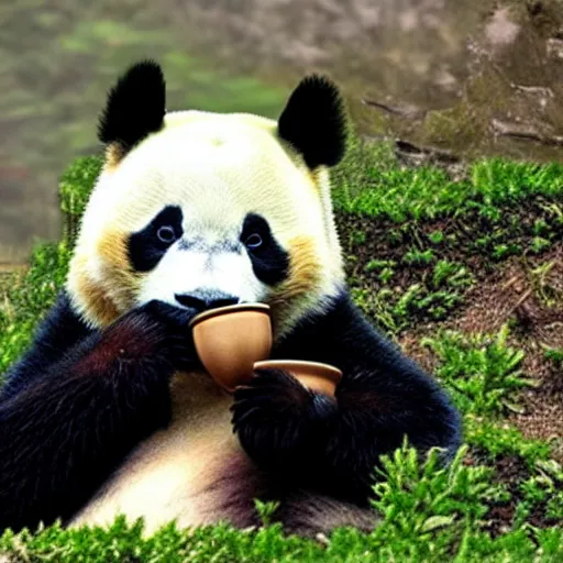 Prompt: a realistic photo of a panda drinking tea