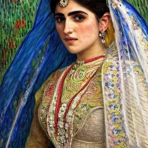 Image similar to full body portrait of a beautiful Kurdish bride wearing a beautiful wedding dress, very detailed eyes, hyperrealistic, beautiful and symmetrical face, very detailed painting by Claude Monet and Alphonse Mucha, ornate, trending on artstation, extremely high detail, incredibly intricate