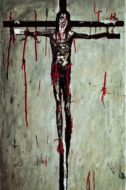 Image similar to bloody jesus christ crucified painted by cy twombly and jean michel basquiat