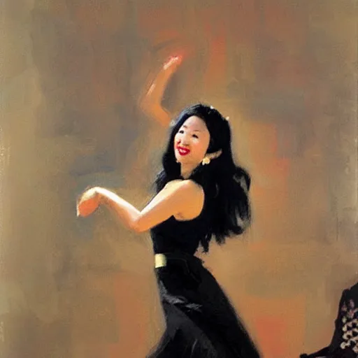 Prompt: a beautiful Asian woman dancing the Charleston on the living room carpet with joy, fair skin, red lips, black hair, oil painting, by Sherree Valentine Daines, 8k