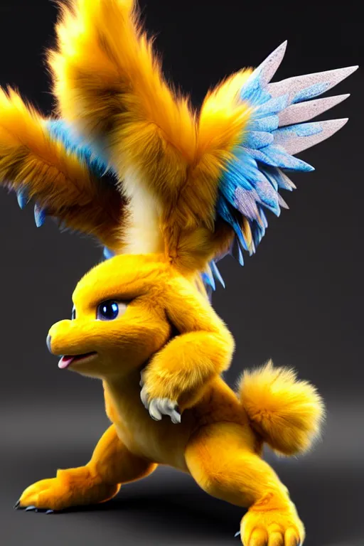 Image similar to high quality 3 d render hyperrealist very cute multicolor stripped fluffy! phoenix chimera hybrid with wings!! highly detailed, vray smooth, in the style of detective pikachu, hannah yata charlie immer, dramatic blue light, low angle, uhd 8 k, sharp focus