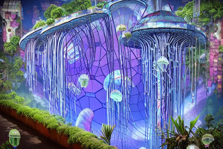 Image similar to favela thick jellyfish disco cathedral coaster hive, art nouveau waterfall environment, industrial factory, terrifying, award winning art, epic dreamlike fantasy landscape, ultra realistic,