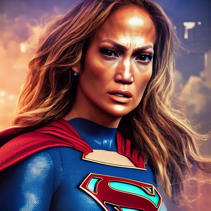Image similar to jennifer lopez as supergirl. intricate abstract. intricate artwork. by tooth wu, wlop, beeple, dan mumford. octane render, trending on artstation, greg rutkowski very coherent symmetrical artwork. cinematic, hyper realism, high detail, octane render, 8 k, iridescent accents