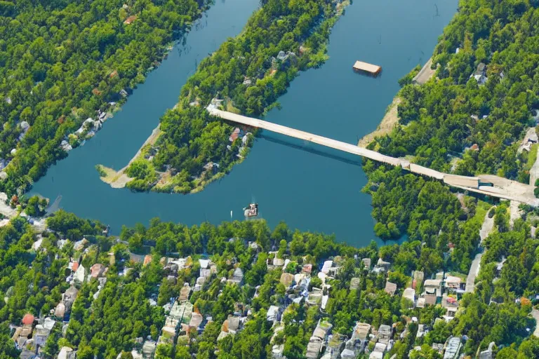 Image similar to bird's eye view of a city, trailer park, a road, bridge, and lagoon with docking area. forest and hills at the northern end