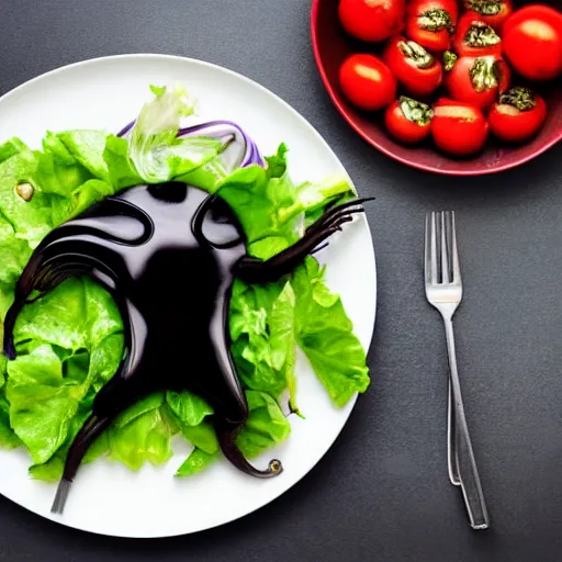 Image similar to a plate of food made of salad and huge alien xenomorph, award winning photographer, food photography