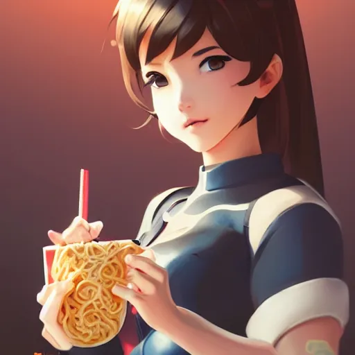 Image similar to Overwatch girl eating Ramen. By ilya kuvshinov, krenz cushart, Greg Rutkowski, trending on artstation. Glossy materials, sharp highlights, amazing textured brush strokes, accurate shape, clear curvy details, cinematic soft volumetric studio lighting, with backlight, VFX, HDR