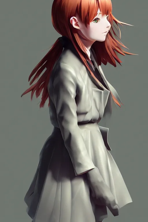 Image similar to Very complcated dynamic composition, realistic anime style at Pixiv, Zbrush sculpt colored, Octane render in Maya and Houdini VFX, young redhead girl in motion, wearing jacket and skirt, silky hair, black stunning deep eyes. By ilya kuvshinov, krenz cushart, Greg Rutkowski, trending on artstation. Amazing textured brush strokes. Cinematic dramatic soft volumetric studio lighting