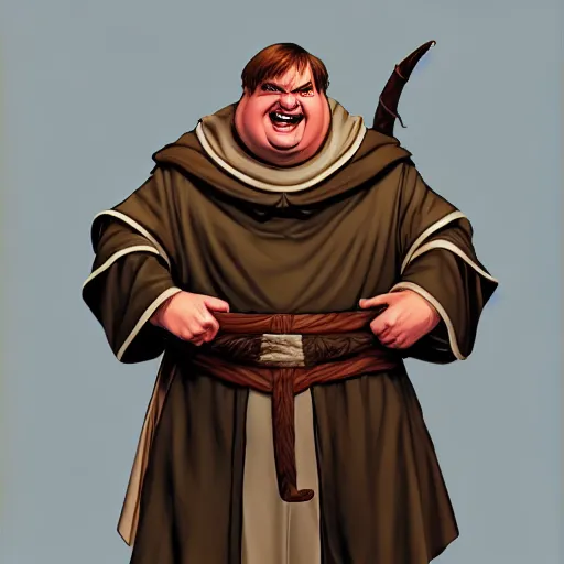 Image similar to a fantasy comic - style full portrait of a jolly friar who looks like chris farley, digital illustration by ken taylor and sana takeda and jenny frison, character design, concept art, fine inking lines, vivid colors, dnd, highly detailed!, hd, 4 k, trending on artstation